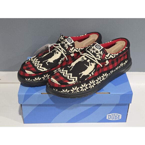 Hey Dude Men's Wally Holiday Cheers Shoes Sz 10 Christmas Reindeer Black New - Picture 1 of 11